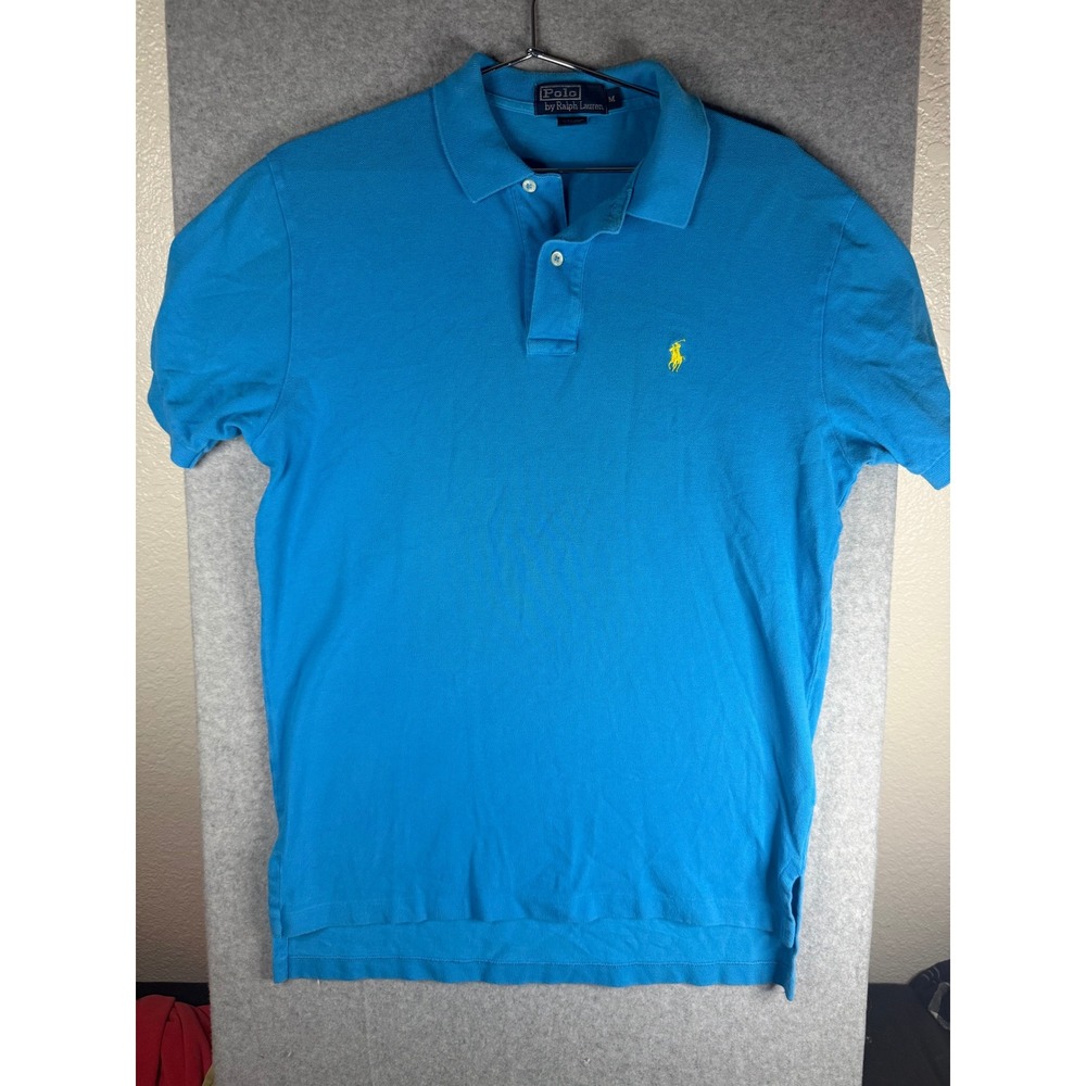 Polo Ralph Lauren Mens Blue Short Sleeve Pique Polo Shirt Yellow Pony Size M